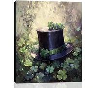 AIHNBF St Patricks Day Wall Art - Shamrock Top Hat Canvas Print - Festive Irish Clover Decor for Home Living Room