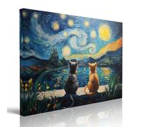 AIHNBF Starry Night Cat Art Print Canvas Painting Whimsical Feline Wall Decor Impressionist Style Two Cats Sitting by Lake Under Swirling Sky for Living Room Bedroom Home Office 80x120cm