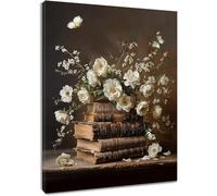 AIHNBF Vintage Book Stack and White Flowers Wall Art Butterflies Canvas Print Moody Still Life Painting Botanical Nature Artwork for Home Office Library Living Room Decoration 60x90cm