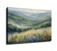 AIHNBF Watercolor Blue Ridge Mountain Landscape Wall Art Serene Morning Mist Rolling Hills Canvas Print Botanical Wildflower Meadow Artwork for Living Room Bedroom Home Office Decor 30x45 cm
