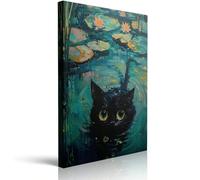 AIHNBF Whimsical Black Cat Canvas Wall Art, Mysterious Feline in Water Lilies Pond, Vibrant Teal Green Animal Decor for Living Room Bedroom Office