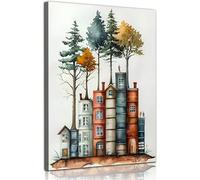 AIHNBF Whimsical Library House Canvas Art Tree Rooted in Book Stack Surreal Bookish Illustration Wall Decor for Home Library Living Room Study Book Lover Gift Bookworm Aesthetic Print 40 x 60 cm