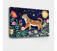 AIHNBF Whimsical Tiger Wall Art Celestial Garden Poster Nighttime Jungle Canvas Painting Animal Print for Living Room Bedroom Decor Bohemian Botanical Wall Hanging Decor Artwork 60x90 cm