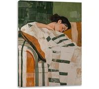 AIHNBF Woman Sleeping Under Striped Blanket Abstract Canvas Wall Art Serene Figurative Painting for Living Room Bedroom Decor Earthy Tones Modern Art Print for Home Office Wall 50x75cm