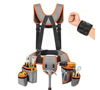 AIHOYO Tool Belt with Suspenders, Tool Belts for Men, Magnetic Wristband & Detachable Pouch - Heavy Duty Adjustable Belt for Electricians, Carpenters, DIY, Construction,Gift (Gray-Orange, Universal)