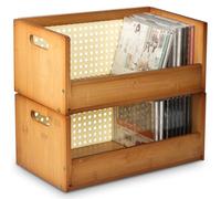 AIHSUMC 2 Set Bamboo CD Storage Box, Stackable CD Holder Racks Organizer Shelf for Movie Cases, DVDs, Cassette Tape Display Stand, Disc Holder with Carrying Handles