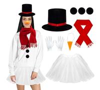 AIHSUMC 9 Pcs Snowman Costume Kit, Christmas Winter Frosty Snowman Costume for Women Adult Red Scarf White Tutu Skirt Gloves Carrot Nose Top Hat