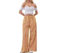 AIHUKOCY Women Drawstring Stripe Wide Leg Casual Trousers Striped Low Rise Casual Loose Lounge Pants with Pockets, Rust-yellow-brown, Large