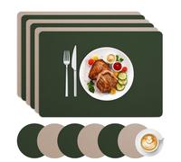 AiiBowy Placemats and Coaster Sets 6, Christmas Table Mats - PVC Leather Dual-Sided Square Heat-Resistant Wipeable Non-Slip - Place Mats for Table, 30cmx43cm for Home Restaurant (Dark Green+Beige)