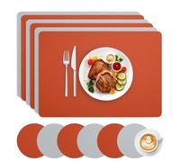 AiiBowy Placemats and Coaster Sets 6, Christmas Table Mats - PVC Leather Dual-Sided Square Heat-Resistant Wipeable Non-Slip - Place Mats for Table, 30cmx43cm for Home Restaurant Hotel (Orange+Gray)