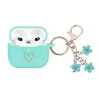 AIIEKZ Compatible with AirPods 3 Case Cover 2021, Soft Silicone Case with Gold Heart Pattern for AirPods 3rd Generation Case with Cute Cherry Blossoms Keychain for Girls Women (Blue)