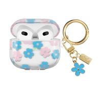 AIIEKZ Compatible with AirPods 3 Case Cover 2021, Soft TPU with Cute Flower Pattern for AirPods 3rd Generation Case with Flower Keychain and Carabiner for Girls Women (Blue)