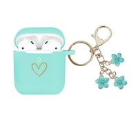 AIIEKZ Compatible with AirPods Case Cover, Soft Silicone Case with Gold Heart Pattern for AirPods 2&1 Generation Case with Cute Cherry Blossoms Keychain for Girls Women (Blue)