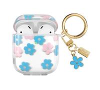 AIIEKZ Compatible with AirPods Case Cover, Soft TPU Case with Cute Flower Pattern for AirPods 2&1 Generation Case with Pendant Keychain and Carabiner for Girls Women (Blue)