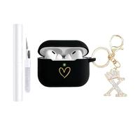 AIIEKZ Compatible with AirPods Pro 3 Case Cover (2025), Soft Silicone Case with Gold Heart Pattern for AirPods Pro 3rd Generation Case with Rhinestone Studded Letter A-Z Keychain (X Black)