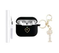 AIIEKZ Compatible with AirPods Pro 3 Case Cover (2025), Soft Silicone Case with Gold Heart Pattern for AirPods Pro 3rd Generation Case with Rhinestone Studded Letter A-Z Keychain (I Black)