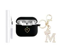 AIIEKZ Compatible with AirPods Pro 3 Case Cover (2025), Soft Silicone Case with Gold Heart Pattern for AirPods Pro 3rd Generation Case with Rhinestone Studded Letter A-Z Keychain (M Black)