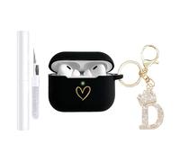 AIIEKZ Compatible with AirPods Pro 3 Case Cover (2025), Soft Silicone Case with Gold Heart Pattern for AirPods Pro 3rd Generation Case with Rhinestone Studded Letter A-Z Keychain (D Black)
