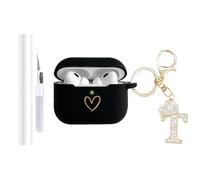 AIIEKZ Compatible with AirPods Pro 3 Case Cover (2025), Soft Silicone Case with Gold Heart Pattern for AirPods Pro 3rd Generation Case with Rhinestone Studded Letter A-Z Keychain (T Black)