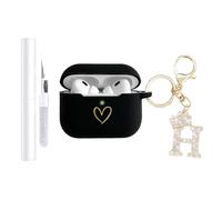 AIIEKZ Compatible with AirPods Pro 3 Case Cover (2025), Soft Silicone Case with Gold Heart Pattern for AirPods Pro 3rd Generation Case with Rhinestone Studded Letter A-Z Keychain (H Black)