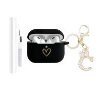AIIEKZ Compatible with AirPods Pro 3 Case Cover (2025), Soft Silicone Case with Gold Heart Pattern for AirPods Pro 3rd Generation Case with Rhinestone Studded Letter A-Z Keychain (C Black)