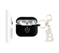 AIIEKZ Compatible with AirPods Pro 3 Case Cover (2025), Soft Silicone Case with Gold Heart Pattern for AirPods Pro 3rd Generation Case with Rhinestone Studded Letter A-Z Keychain (B Black)