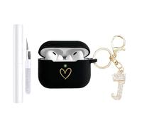 AIIEKZ Compatible with AirPods Pro 3 Case Cover (2025), Soft Silicone Case with Gold Heart Pattern for AirPods Pro 3rd Generation Case with Rhinestone Studded Letter A-Z Keychain (J Black)