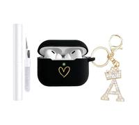 AIIEKZ Compatible with AirPods Pro 3 Case Cover (2025), Soft Silicone Case with Gold Heart Pattern for AirPods Pro 3rd Generation Case with Rhinestone Studded Letter A-Z Keychain (A Black)