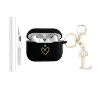 AIIEKZ Compatible with AirPods Pro 3 Case Cover (2025), Soft Silicone Case with Gold Heart Pattern for AirPods Pro 3rd Generation Case with Rhinestone Studded Letter A-Z Keychain (L Black)