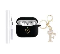 AIIEKZ Compatible with AirPods Pro 3 Case Cover (2025), Soft Silicone Case with Gold Heart Pattern for AirPods Pro 3rd Generation Case with Rhinestone Studded Letter A-Z Keychain (F Black)
