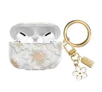 AIIEKZ Compatible with AirPods Pro Case Cover 2019, Soft TPU Case with Cute Flower Pattern for AirPods Pro 1st Generation Case with Flower Keychain and Carabiner for Girls Women (White)