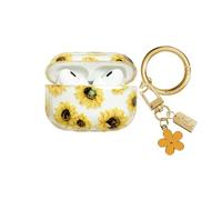 AIIEKZ Compatible with AirPods Pro Case Cover 2019, Soft TPU Case with Cute Flower Pattern for AirPods Pro 1st Generation Case with Flower Keychain and Carabiner for Girls Women (Yellow)