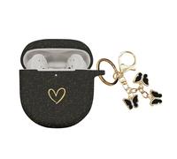 AIIEKZ Compatible with Bose QuietComfort Earbuds II 2022, Soft Silicone Case with Gold Heart Pattern for Bose QC II Case with Cute Butterfly Keychain for Girls Women (Glitter Black)