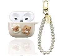 AIIEKZ Cute Kawaii AirPods 3 Case Cover 2021, Lovely Flower Bear Design Smooth Soft Protective Case with Pearl Chain for Girls Women (Airpods 3)