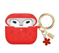 AIIEKZ Flower Engraved Case Compatible with AirPods 3 Case Cover 2021, Soft Silicone Case for AirPods 3rd Generation Case with Cute Flower Keychain and Carabiner for Girls Women (Red)