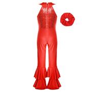 Aiihoo Girls Sequin 70s Disco Party Jazz Dance Costume Metallic Sleeveless Ruffle Jumpsuit Leotard with Hair Scrunchies Red 5-6 Years