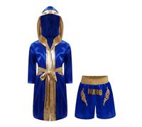 Aiihoo Kids Boxing Costumes 2Pcs Boxer Robe And Mma Shorts Sets Dress-up Party Outfits for Halloween Cosplay Royal Blue 15-16 Years