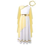 Aiihoo Kids Girls Ancient Greek Roman Costume Fancy Dress Up Outfits Toga Princess Dress and Gold Leaves Garland Headband Set Yellow 11-12 Years