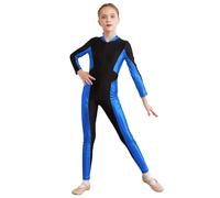 Aiihoo Kids Girls Full Body One Piece Jumpsuit Unitard Long Sleeve Metallic Color Block Gymnastics Dance Bodysuit Catsuit Royal Blue 5-6 Years