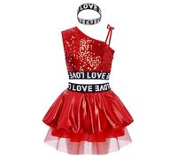 Aiihoo Kids Girls Metallic Hip Hop Jazz Dance Costume Shiny Sequin Crop Tank Top Ruffle Tutu Skirt Carnival Outfit Red 7-8 Years