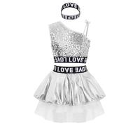 Aiihoo Kids Girls Metallic Hip Hop Jazz Dance Costume Shiny Sequin Crop Tank Top Ruffle Tutu Skirt Carnival Outfit Silver 7-8 Years