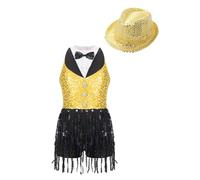 Aiihoo Kids Girls Sequins Sleeveless Tassel Ballet Leotard Dress Modern Latin Jazz Rumba Samba Salsa Dance Outfits with Hat Gold 13-14 Years