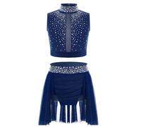 Aiihoo Kids Girls Shiny Crop Top and Irregular Skirt Sleeveless Lyrical Dance Dress Costume Ballet Dance Outfit Navy Blue 9-10 Years