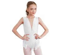 Aiihoo Kids Girls Shiny Rhinestone Sleeveless Fringed Rhythmic Gymnastics Leotard Figure Skating Jumpsuit Performance Costume White 13-14 Years