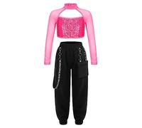 Aiihoo Kids Girls Street Hip Hop Dance Outfit Long Sleeve Sequins Ballet Crop Top with Chain Jogger Cargo Pants Set Tracksuit Hot Pink 7-8 Years