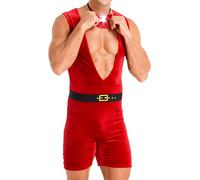 Aiihoo Mens Sexy Santa Claus Costume Sleeveless Velvet Jumpsuit with Belt and Bow Tie Christmas Gentleman Suit Red XXL