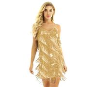 Aiihoo Women's Cocktail Ballroom Vintage Party Gown Sequins Fringe Tassel Samba Rumba Tango Latin Dance Dress Gold One_Size
