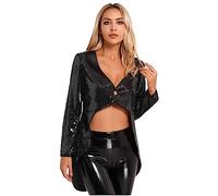 Aiihoo Women's Magician Cosplay Shiny Sequin Tailcoat Circus Ringmaster Jacket Halloween Costume Black S