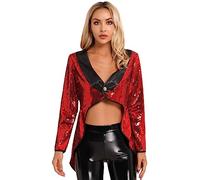 Aiihoo Women's Magician Cosplay Shiny Sequin Tailcoat Circus Ringmaster Jacket Halloween Costume Red XL