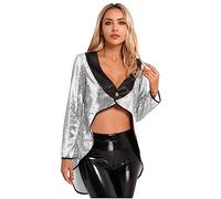 Aiihoo Women's Magician Cosplay Shiny Sequin Tailcoat Circus Ringmaster Jacket Halloween Costume Silver L